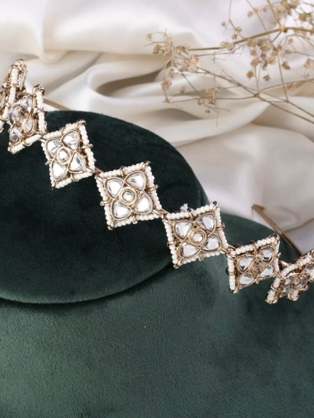 Gold-Tone Kundan Statement Hairband with Pearl Detailing